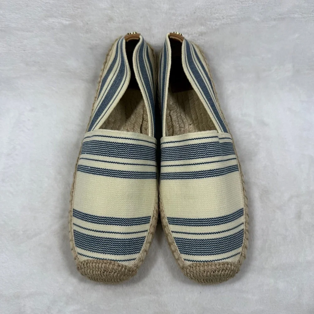 Tory Burch Striped Canvas Espadrille Flats Cream Blue Brown Slip On Shoes 9